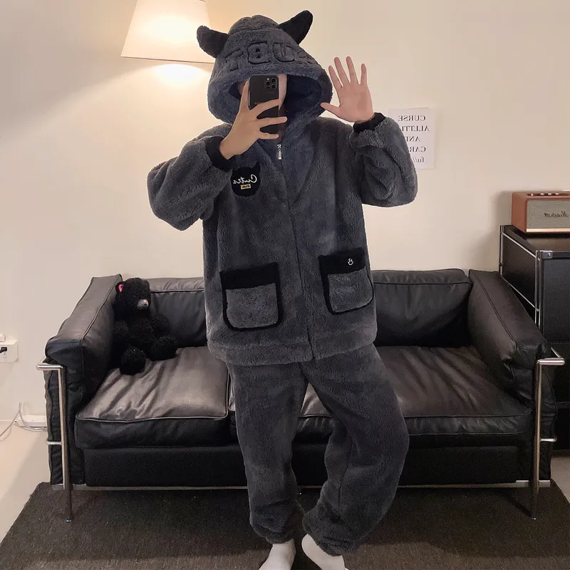 New Autumn Winter Men's Pajamas Fleece-Lined Thickened Zipper Loose Flannel Loungewear Set Two-Piece · Wholesale · OEM · Worldwide Shipping - View 3