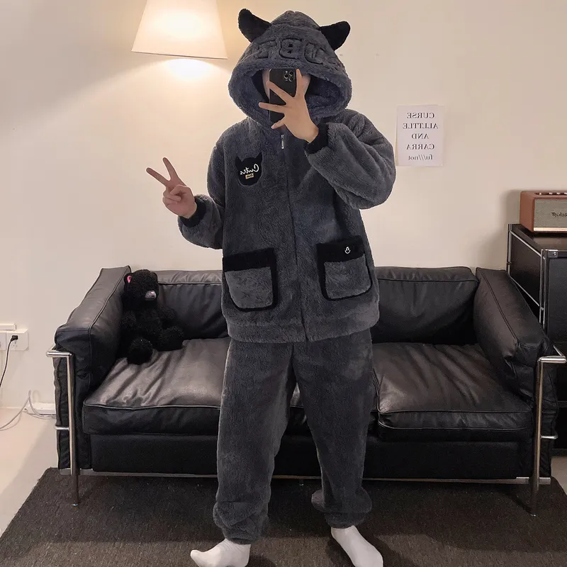 New Autumn Winter Men's Pajamas Fleece-Lined Thickened Zipper Loose Flannel Loungewear Set Two-Piece · Wholesale · OEM · Worldwide Shipping - View 4