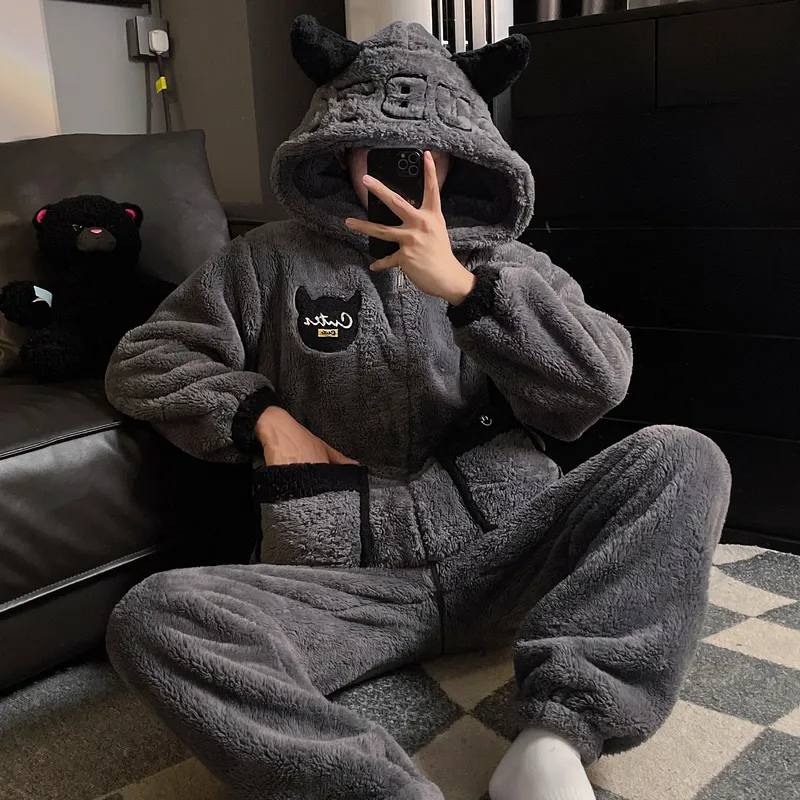 New Autumn Winter Men's Pajamas Fleece-Lined Thickened Zipper Loose Flannel Loungewear Set Two-Piece · Wholesale · OEM · Worldwide Shipping
