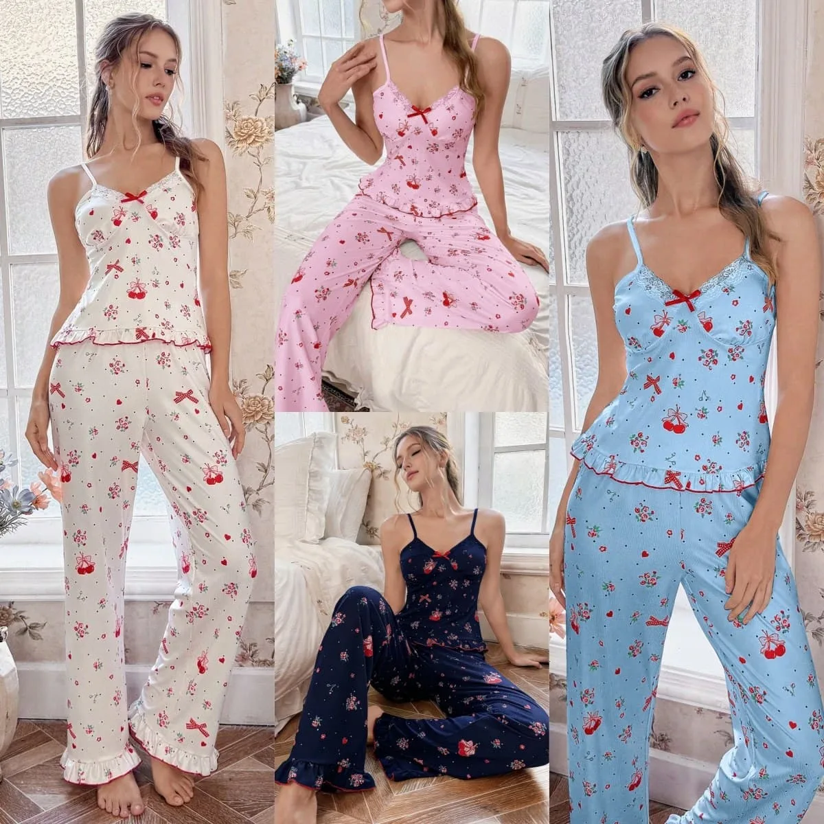 Women's Summer Sweet Girly Pajama Set, Cherry Fruit Print with Lace Panel and Elastic Waistband, Two-Piece Loungewear · Wholesale · OEM · Worldwide Shipping