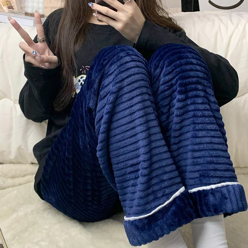 Women's Winter Flannel Thickened Pajama Pants Simple Striped Mid-Rise Warm Loose Plus Size Wearable Outside Home Pants · Wholesale · OEM · Worldwide Shipping