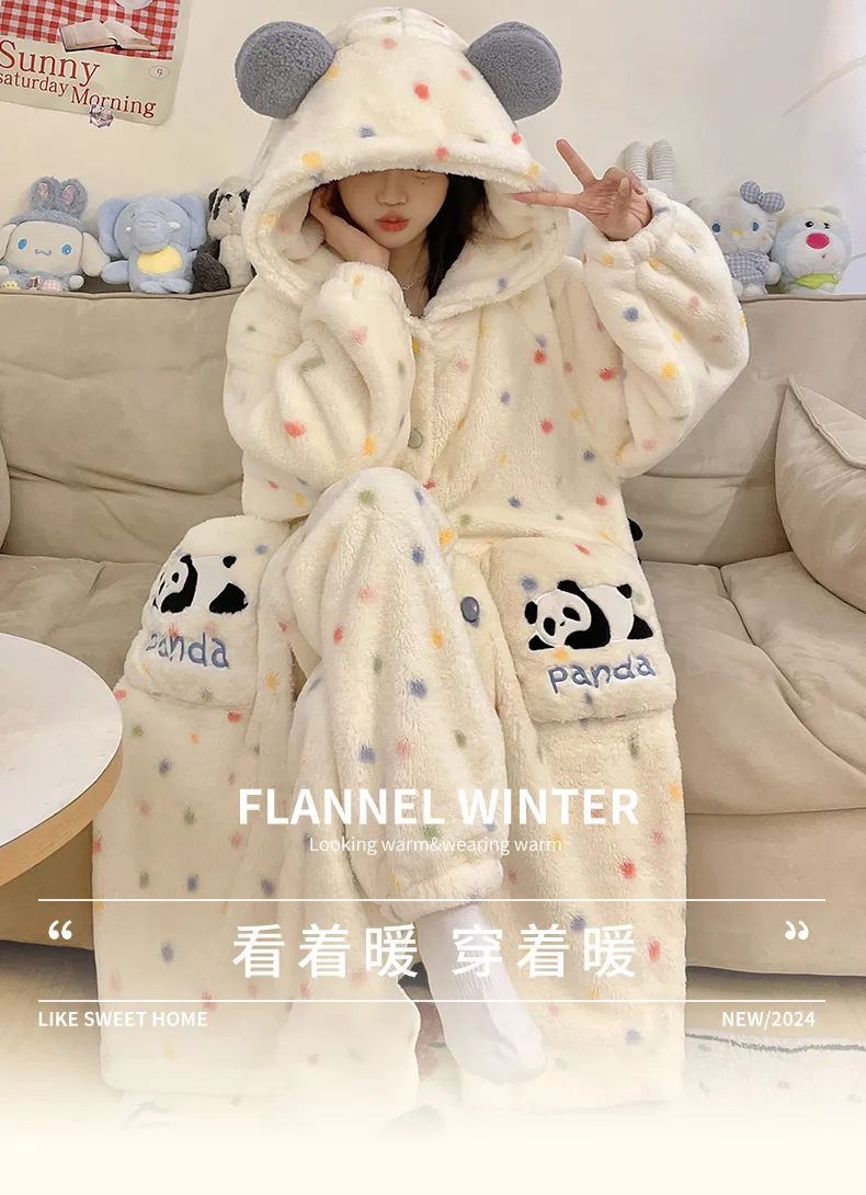 New Winter Coral Fleece Thickened Cute Comfortable Hooded Robe Set Flannel Loungewear Set · Wholesale · OEM · Worldwide Shipping - Detail 1