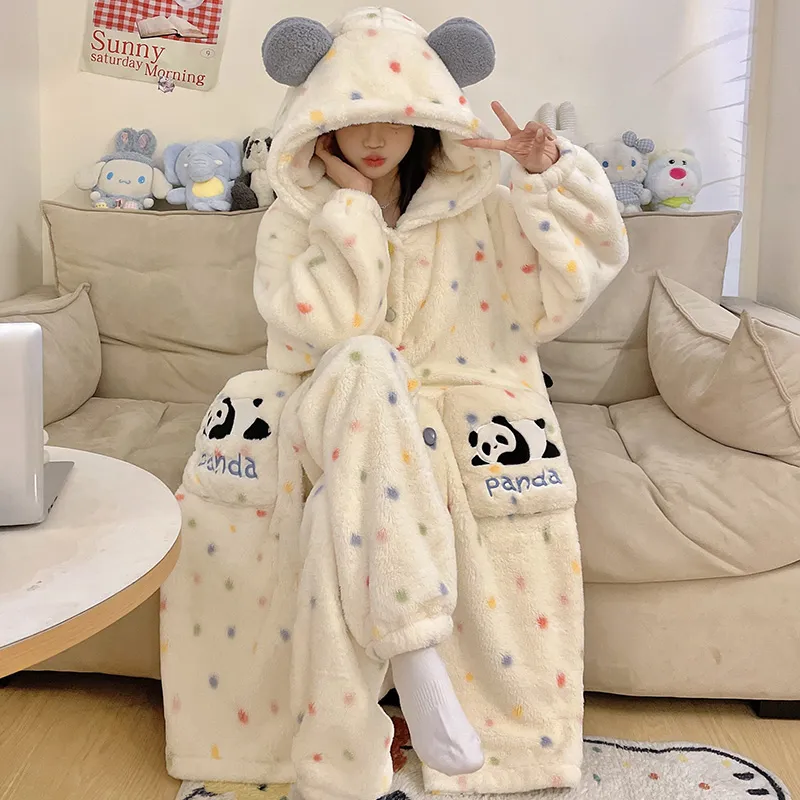 New Winter Coral Fleece Thickened Cute Comfortable Hooded Robe Set Flannel Loungewear Set · Wholesale · OEM · Worldwide Shipping