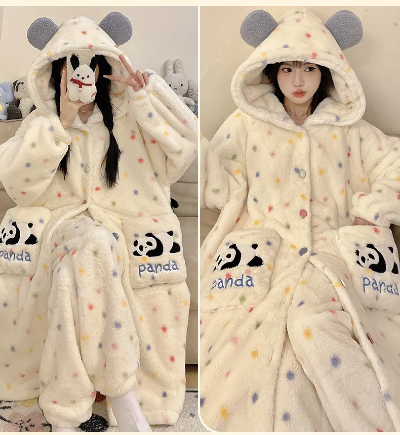 New Winter Coral Fleece Thickened Cute Comfortable Hooded Robe Set Flannel Loungewear Set · Wholesale · OEM · Worldwide Shipping - Detail 9