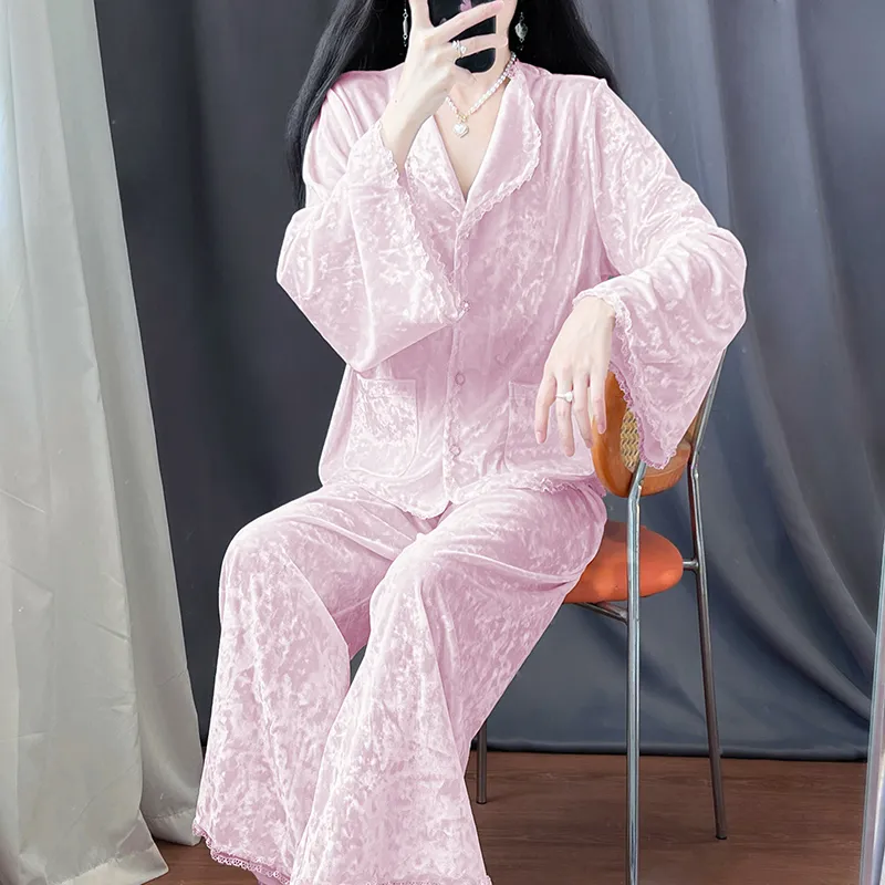 Real Photos - Women's Pajamas Autumn Winter New Style Diamond Velvet Set Casual Plus Size Gold Velvet Loungewear Wearable Outside · Wholesale · OEM · Worldwide Shipping - View 4