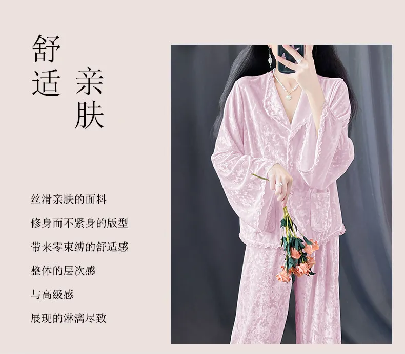 Real Photos - Women's Pajamas Autumn Winter New Style Diamond Velvet Set Casual Plus Size Gold Velvet Loungewear Wearable Outside · Wholesale · OEM · Worldwide Shipping - Detail 9