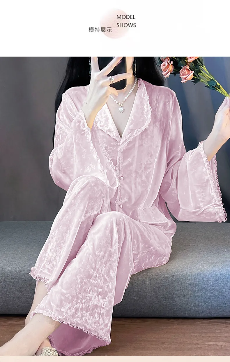 Real Photos - Women's Pajamas Autumn Winter New Style Diamond Velvet Set Casual Plus Size Gold Velvet Loungewear Wearable Outside · Wholesale · OEM · Worldwide Shipping - Detail 14