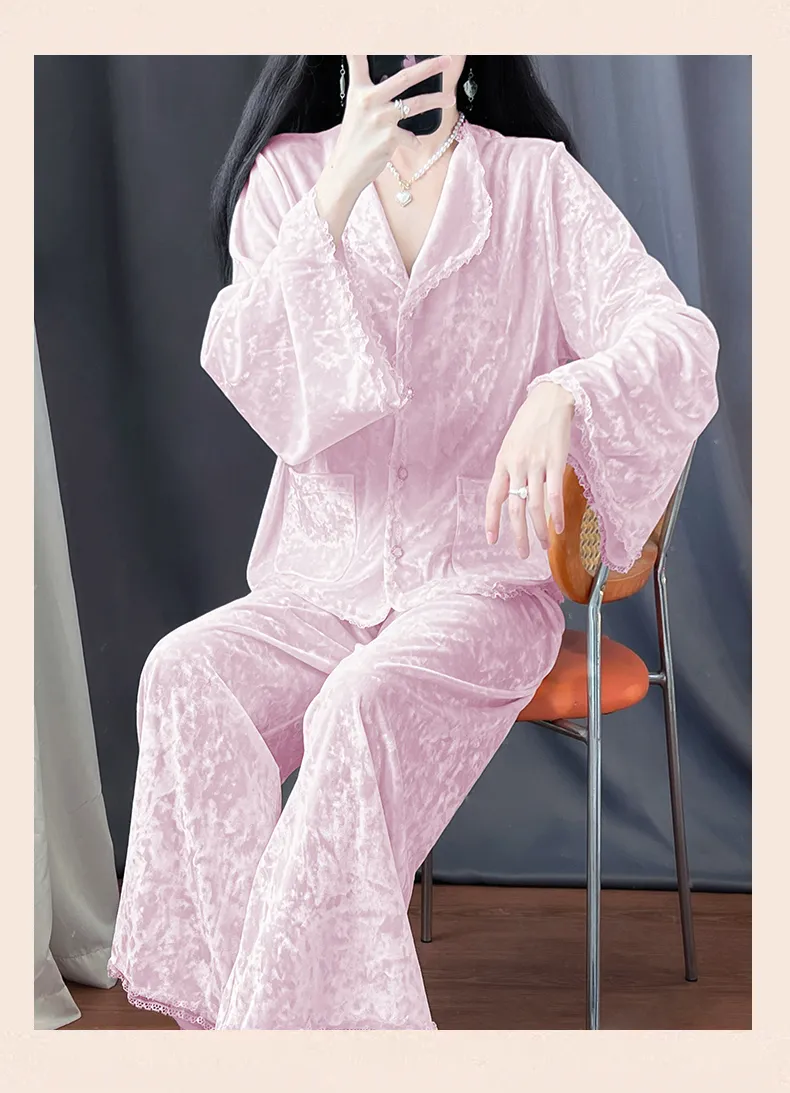 Real Photos - Women's Pajamas Autumn Winter New Style Diamond Velvet Set Casual Plus Size Gold Velvet Loungewear Wearable Outside · Wholesale · OEM · Worldwide Shipping - Detail 18