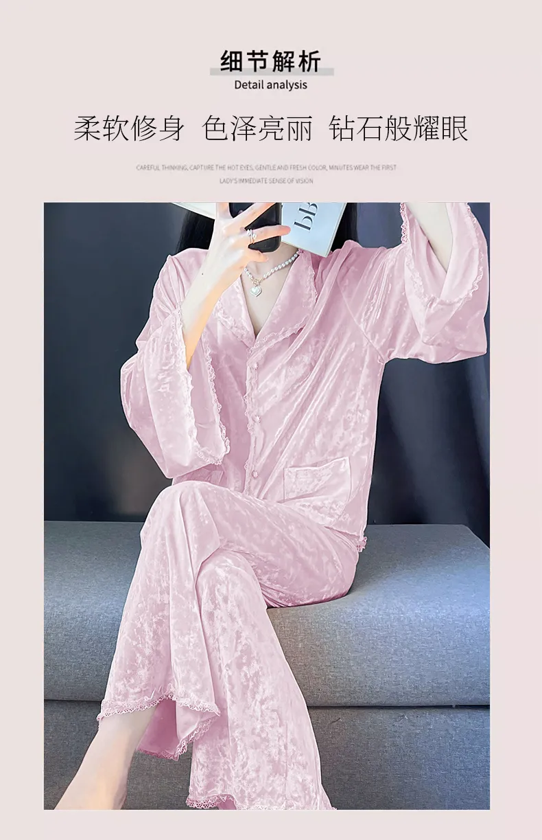 Real Photos - Women's Pajamas Autumn Winter New Style Diamond Velvet Set Casual Plus Size Gold Velvet Loungewear Wearable Outside · Wholesale · OEM · Worldwide Shipping - Detail 8