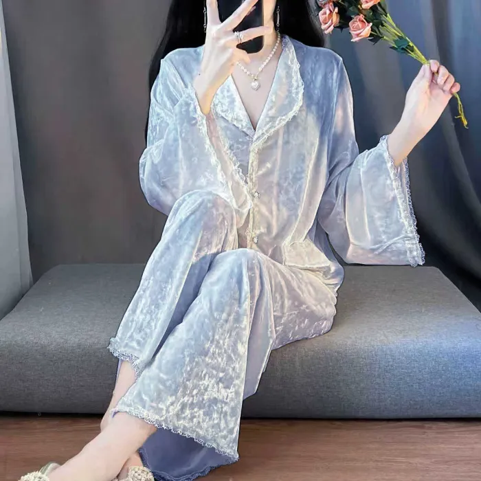 Real Photos - Women's Pajamas Autumn Winter New Style Diamond Velvet Set Casual Plus Size Gold Velvet Loungewear Wearable Outside · Wholesale · OEM · Worldwide Shipping - Detail 1