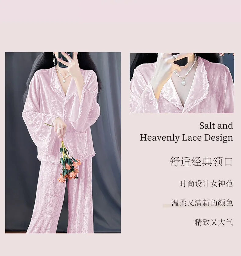 Real Photos - Women's Pajamas Autumn Winter New Style Diamond Velvet Set Casual Plus Size Gold Velvet Loungewear Wearable Outside · Wholesale · OEM · Worldwide Shipping - Detail 6