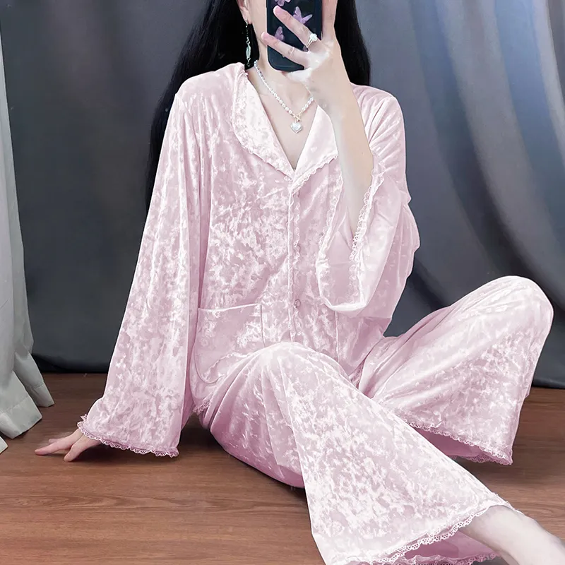 Real Photos - Women's Pajamas Autumn Winter New Style Diamond Velvet Set Casual Plus Size Gold Velvet Loungewear Wearable Outside · Wholesale · OEM · Worldwide Shipping - View 1