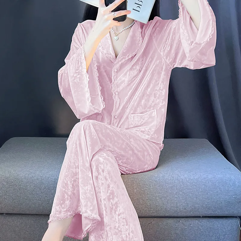 Real Photos - Women's Pajamas Autumn Winter New Style Diamond Velvet Set Casual Plus Size Gold Velvet Loungewear Wearable Outside · Wholesale · OEM · Worldwide Shipping - View 3