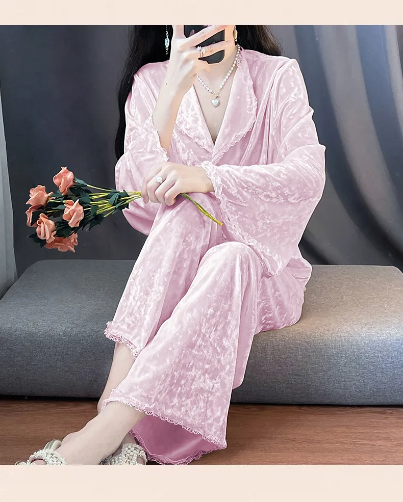 Real Photos - Women's Pajamas Autumn Winter New Style Diamond Velvet Set Casual Plus Size Gold Velvet Loungewear Wearable Outside · Wholesale · OEM · Worldwide Shipping - Detail 16