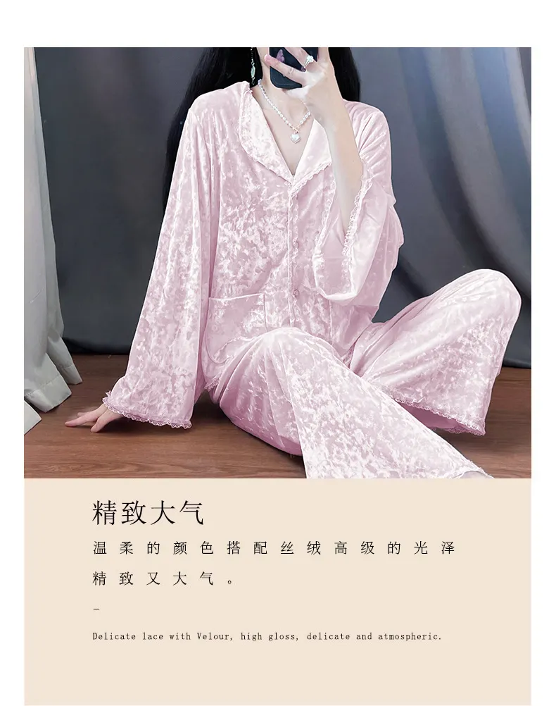 Real Photos - Women's Pajamas Autumn Winter New Style Diamond Velvet Set Casual Plus Size Gold Velvet Loungewear Wearable Outside · Wholesale · OEM · Worldwide Shipping - Detail 10
