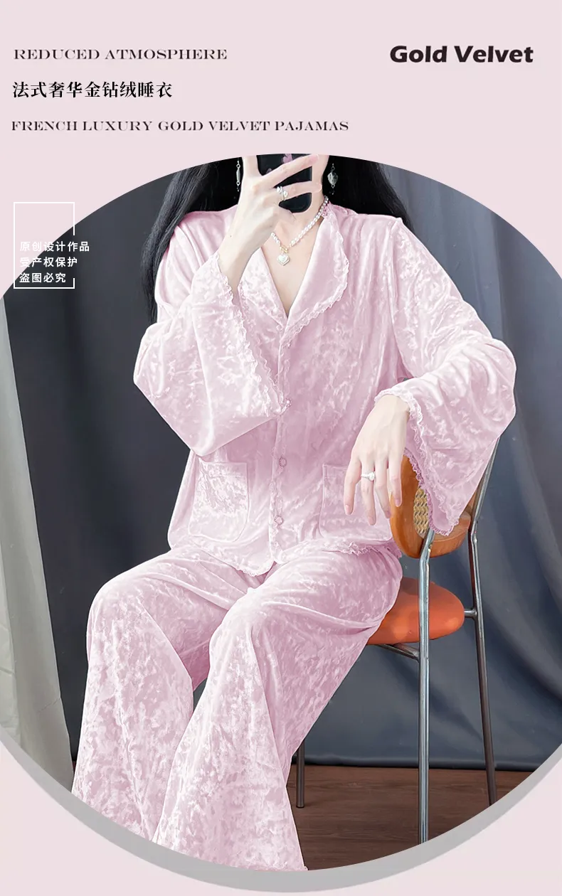 Real Photos - Women's Pajamas Autumn Winter New Style Diamond Velvet Set Casual Plus Size Gold Velvet Loungewear Wearable Outside · Wholesale · OEM · Worldwide Shipping - Detail 5