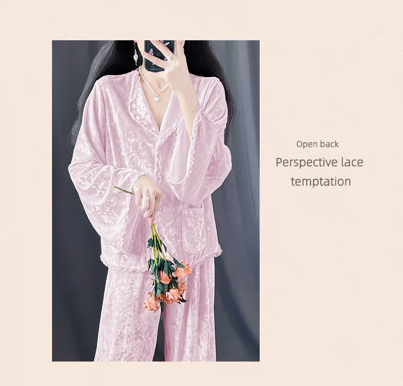 Real Photos - Women's Pajamas Autumn Winter New Style Diamond Velvet Set Casual Plus Size Gold Velvet Loungewear Wearable Outside · Wholesale · OEM · Worldwide Shipping - Detail 17