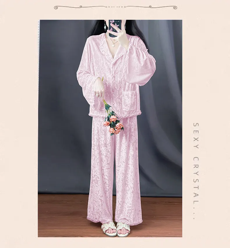 Real Photos - Women's Pajamas Autumn Winter New Style Diamond Velvet Set Casual Plus Size Gold Velvet Loungewear Wearable Outside · Wholesale · OEM · Worldwide Shipping - Detail 15