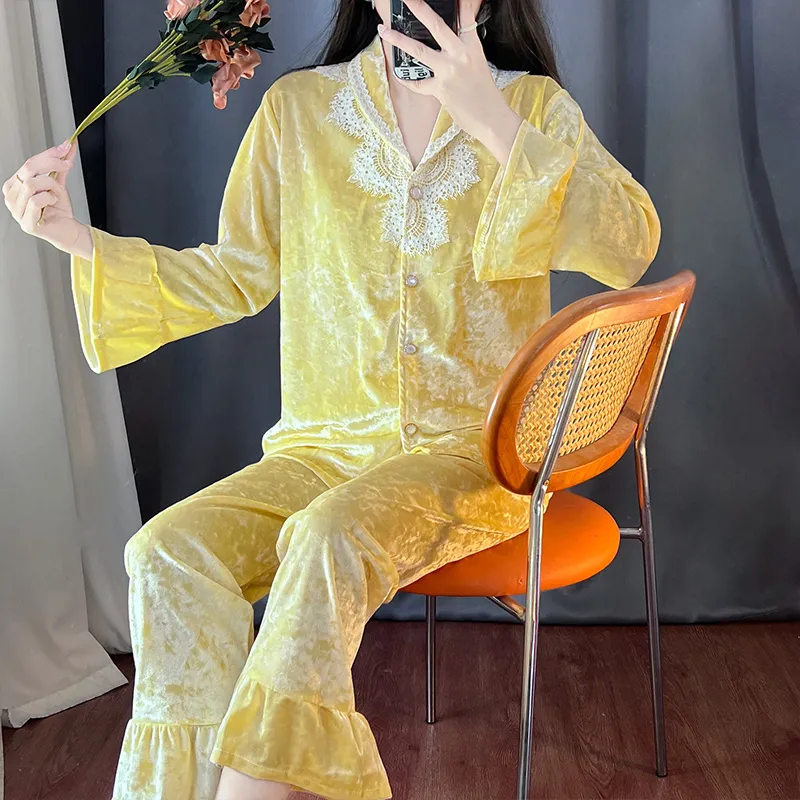 Kaikai Autumn Winter Gold Velvet Pajama Women's New Lapel Simple Fashion Cardigan Two-Piece Homewear Set · Wholesale · OEM · Worldwide Shipping - View 3