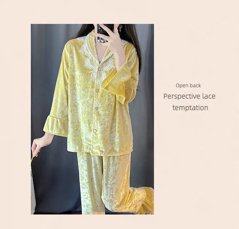 Kaikai Autumn Winter Gold Velvet Pajama Women's New Lapel Simple Fashion Cardigan Two-Piece Homewear Set · Wholesale · OEM · Worldwide Shipping - Detail 13
