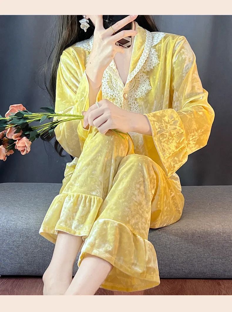 Kaikai Autumn Winter Gold Velvet Pajama Women's New Lapel Simple Fashion Cardigan Two-Piece Homewear Set · Wholesale · OEM · Worldwide Shipping - Detail 18