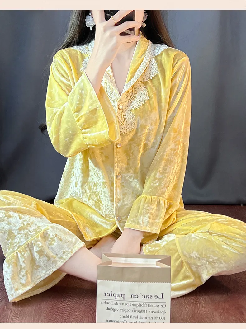Kaikai Autumn Winter Gold Velvet Pajama Women's New Lapel Simple Fashion Cardigan Two-Piece Homewear Set · Wholesale · OEM · Worldwide Shipping - Detail 16