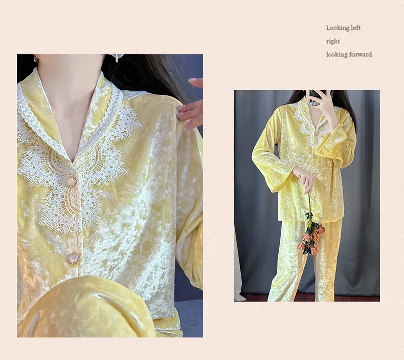 Kaikai Autumn Winter Gold Velvet Pajama Women's New Lapel Simple Fashion Cardigan Two-Piece Homewear Set · Wholesale · OEM · Worldwide Shipping - Detail 15
