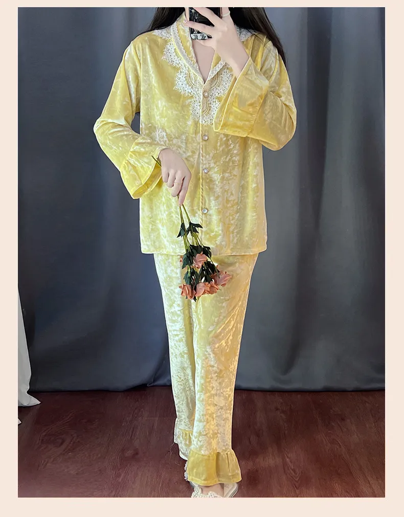 Kaikai Autumn Winter Gold Velvet Pajama Women's New Lapel Simple Fashion Cardigan Two-Piece Homewear Set · Wholesale · OEM · Worldwide Shipping - Detail 17