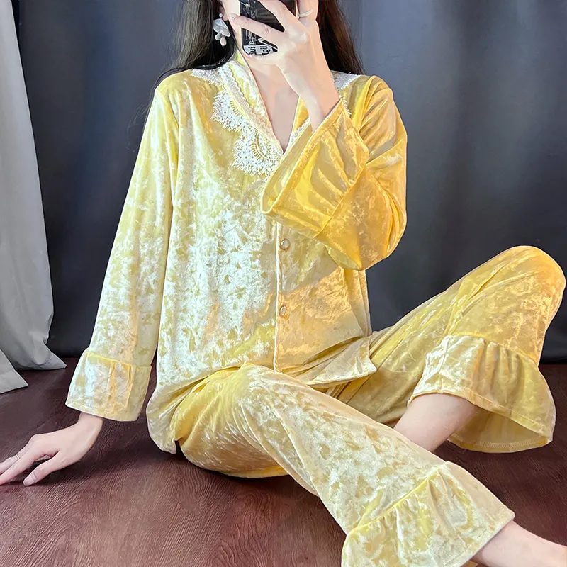 Kaikai Autumn Winter Gold Velvet Pajama Women's New Lapel Simple Fashion Cardigan Two-Piece Homewear Set · Wholesale · OEM · Worldwide Shipping - View 2