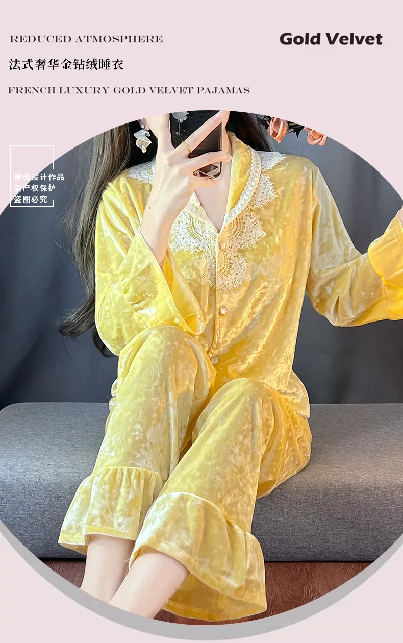 Kaikai Autumn Winter Gold Velvet Pajama Women's New Lapel Simple Fashion Cardigan Two-Piece Homewear Set · Wholesale · OEM · Worldwide Shipping - Detail 1