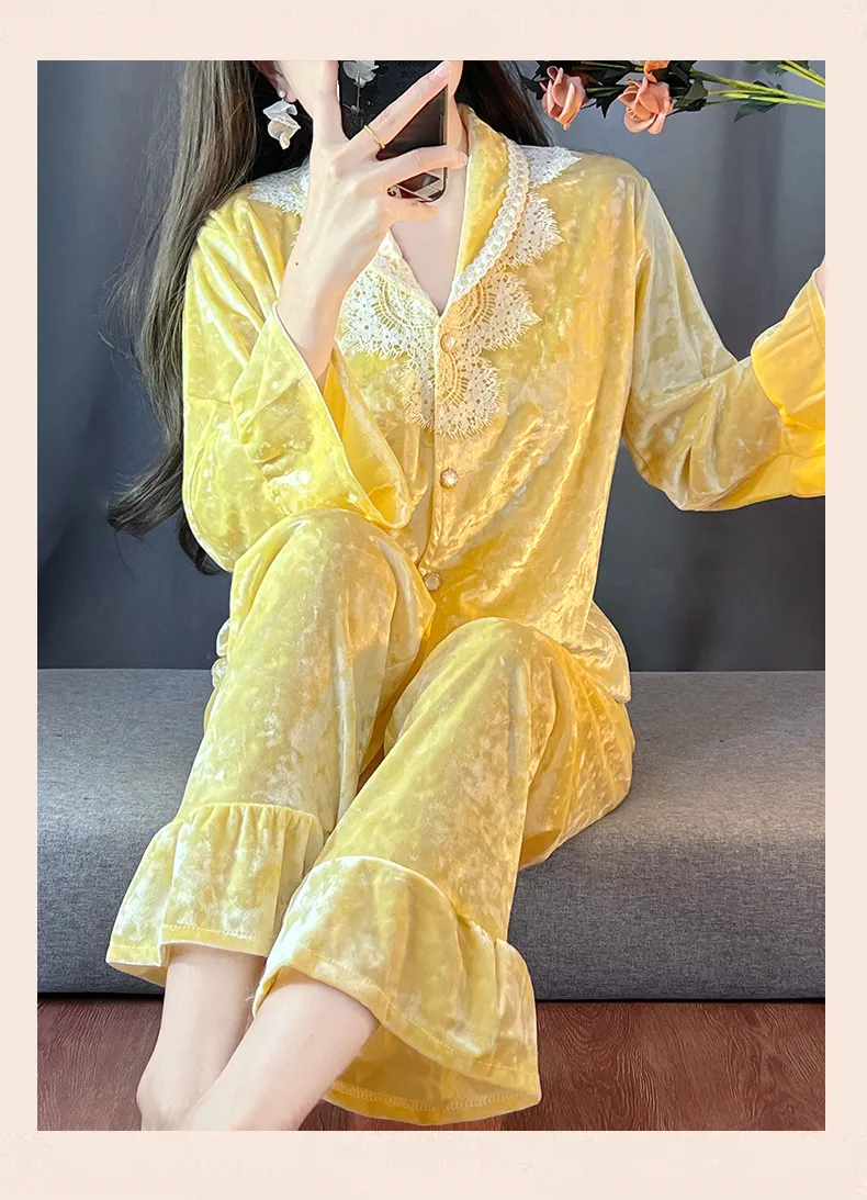 Kaikai Autumn Winter Gold Velvet Pajama Women's New Lapel Simple Fashion Cardigan Two-Piece Homewear Set · Wholesale · OEM · Worldwide Shipping - Detail 14