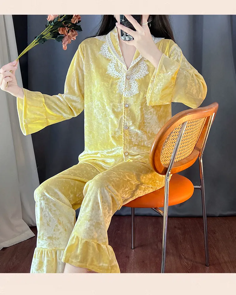 Kaikai Autumn Winter Gold Velvet Pajama Women's New Lapel Simple Fashion Cardigan Two-Piece Homewear Set · Wholesale · OEM · Worldwide Shipping - Detail 12