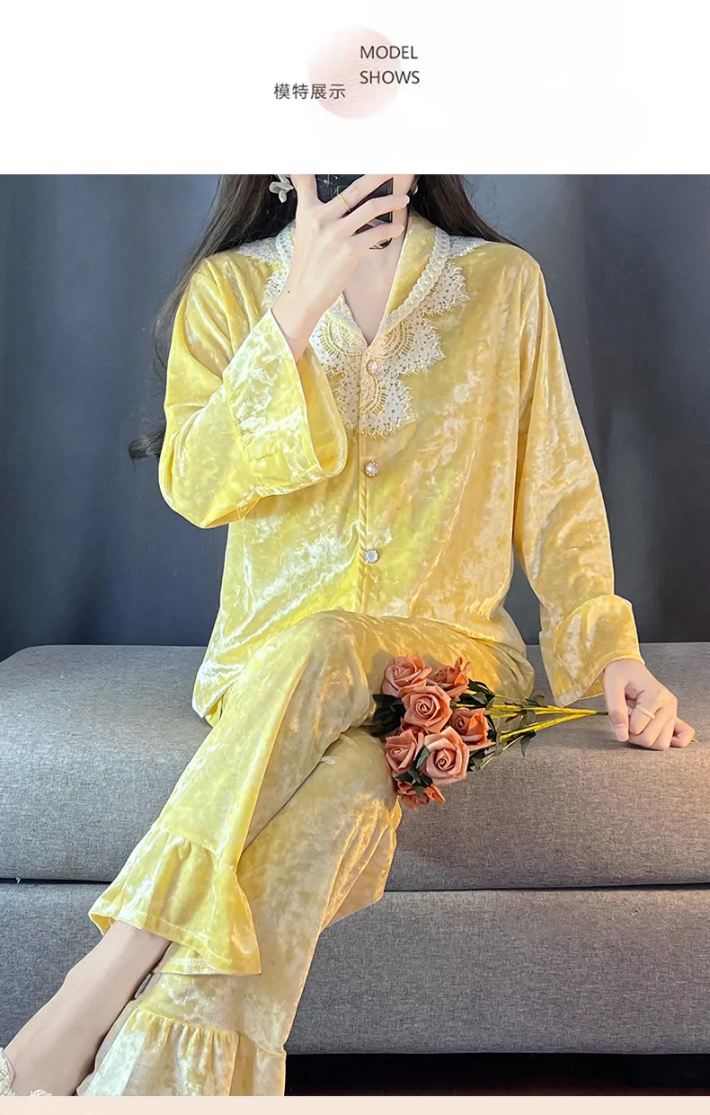 Kaikai Autumn Winter Gold Velvet Pajama Women's New Lapel Simple Fashion Cardigan Two-Piece Homewear Set · Wholesale · OEM · Worldwide Shipping - Detail 10