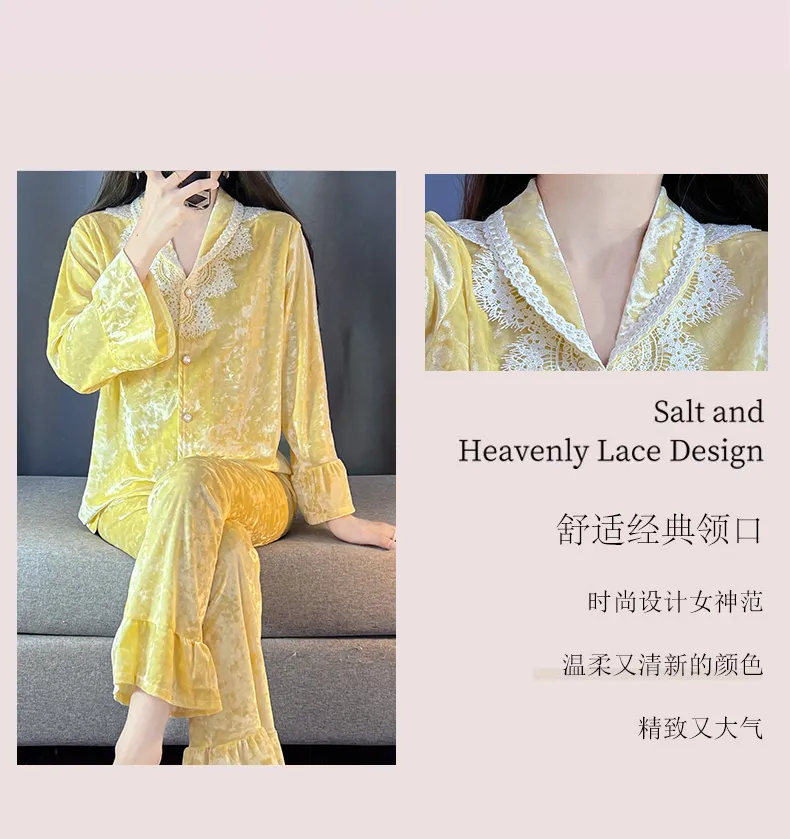 Kaikai Autumn Winter Gold Velvet Pajama Women's New Lapel Simple Fashion Cardigan Two-Piece Homewear Set · Wholesale · OEM · Worldwide Shipping - Detail 2