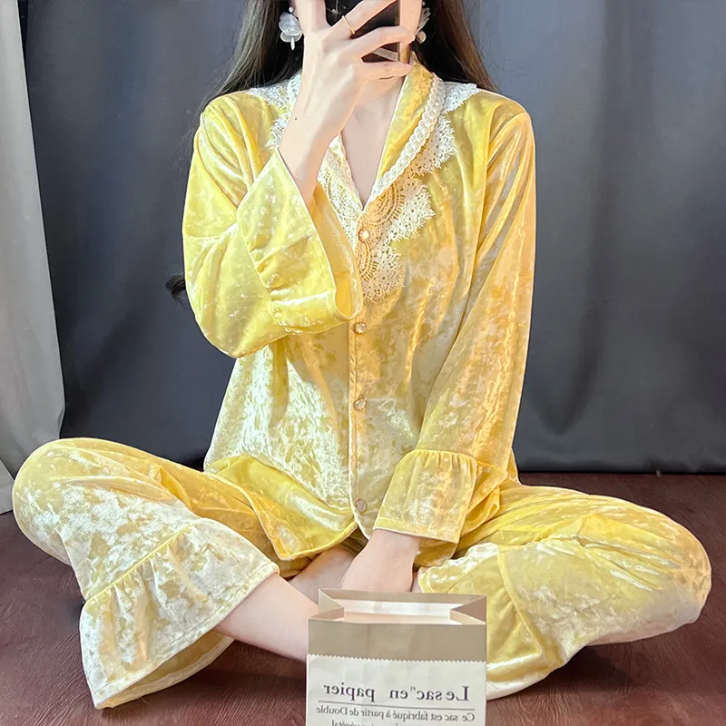 Kaikai Autumn Winter Gold Velvet Pajama Women's New Lapel Simple Fashion Cardigan Two-Piece Homewear Set · Wholesale · OEM · Worldwide Shipping - View 1