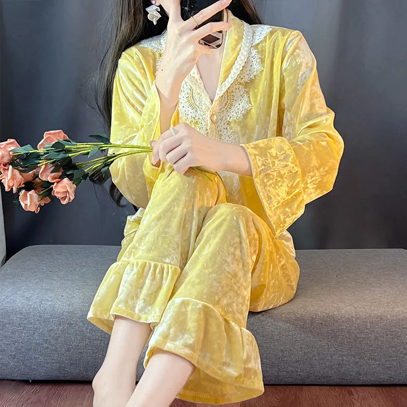 Kaikai Autumn Winter Gold Velvet Pajama Women's New Lapel Simple Fashion Cardigan Two-Piece Homewear Set · Wholesale · OEM · Worldwide Shipping