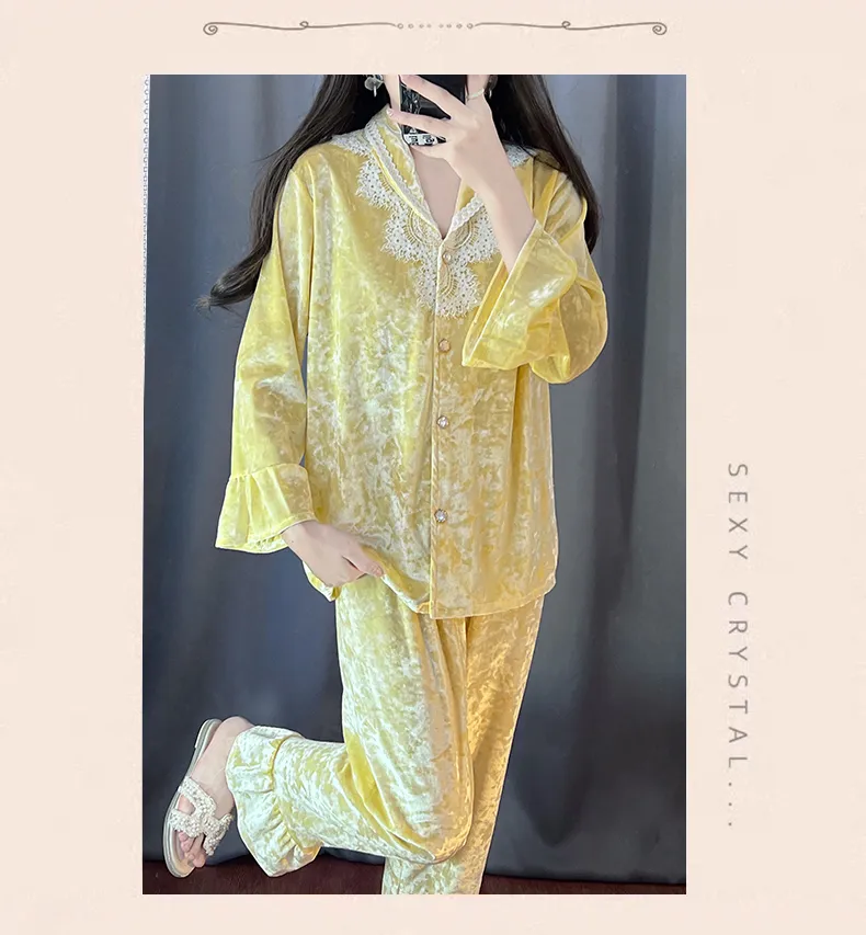 Kaikai Autumn Winter Gold Velvet Pajama Women's New Lapel Simple Fashion Cardigan Two-Piece Homewear Set · Wholesale · OEM · Worldwide Shipping - Detail 11