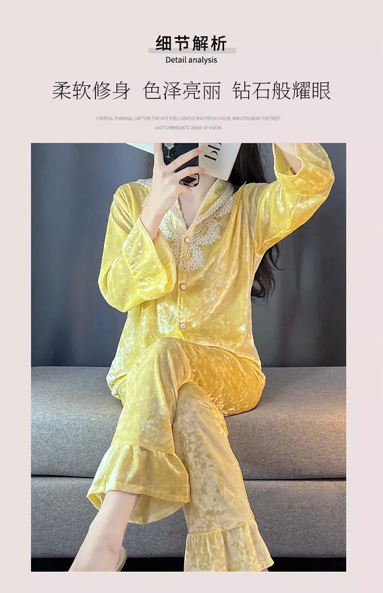 Kaikai Autumn Winter Gold Velvet Pajama Women's New Lapel Simple Fashion Cardigan Two-Piece Homewear Set · Wholesale · OEM · Worldwide Shipping - Detail 4