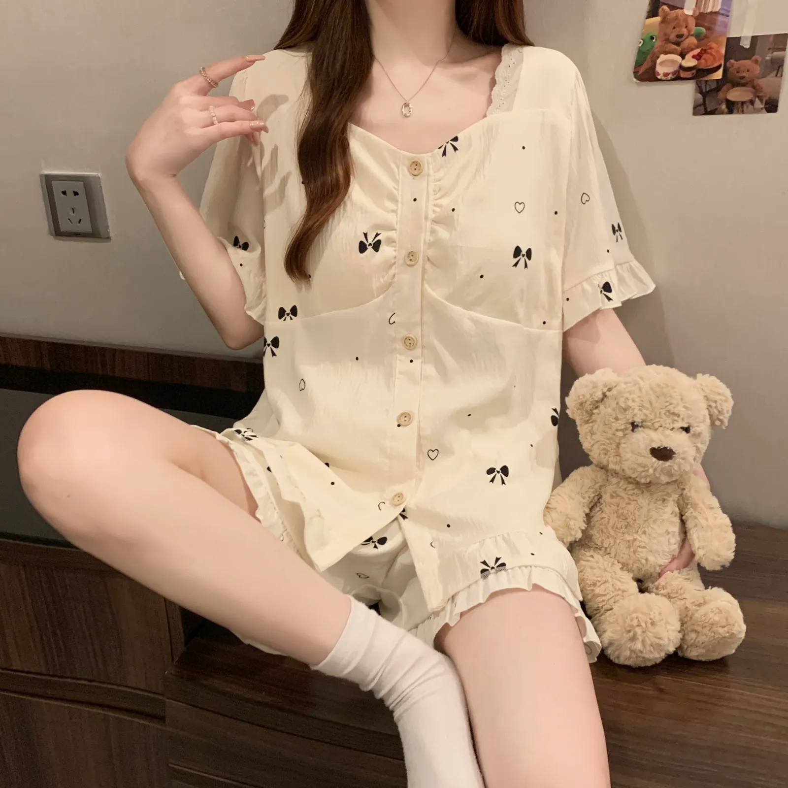 Cloud Cotton with Detachable Chest Pads Summer Pajamas Women Short Sleeve Cute Sweet Loungewear Set · Wholesale · OEM · Worldwide Shipping - View 1