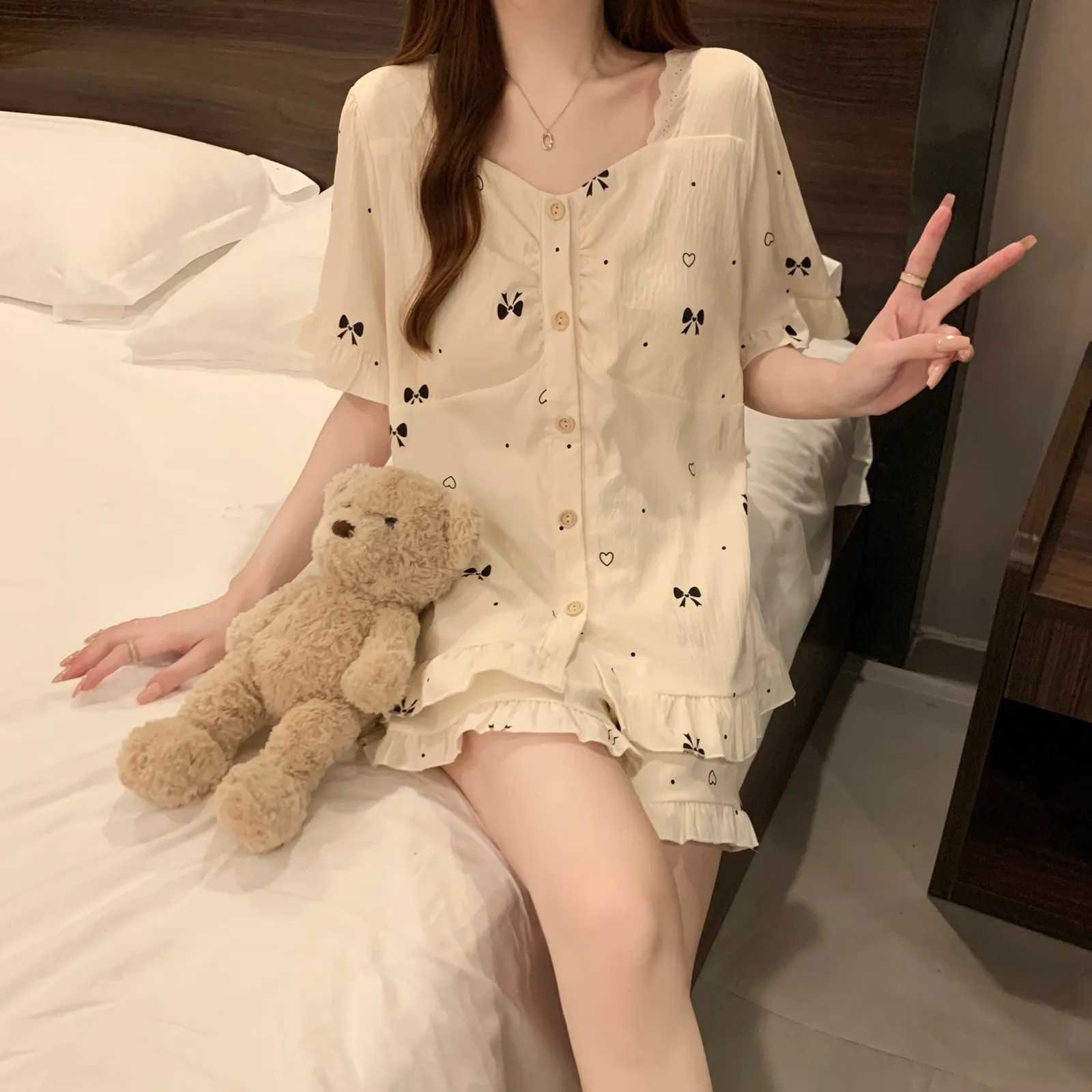 Cloud Cotton with Detachable Chest Pads Summer Pajamas Women Short Sleeve Cute Sweet Loungewear Set · Wholesale · OEM · Worldwide Shipping - View 2