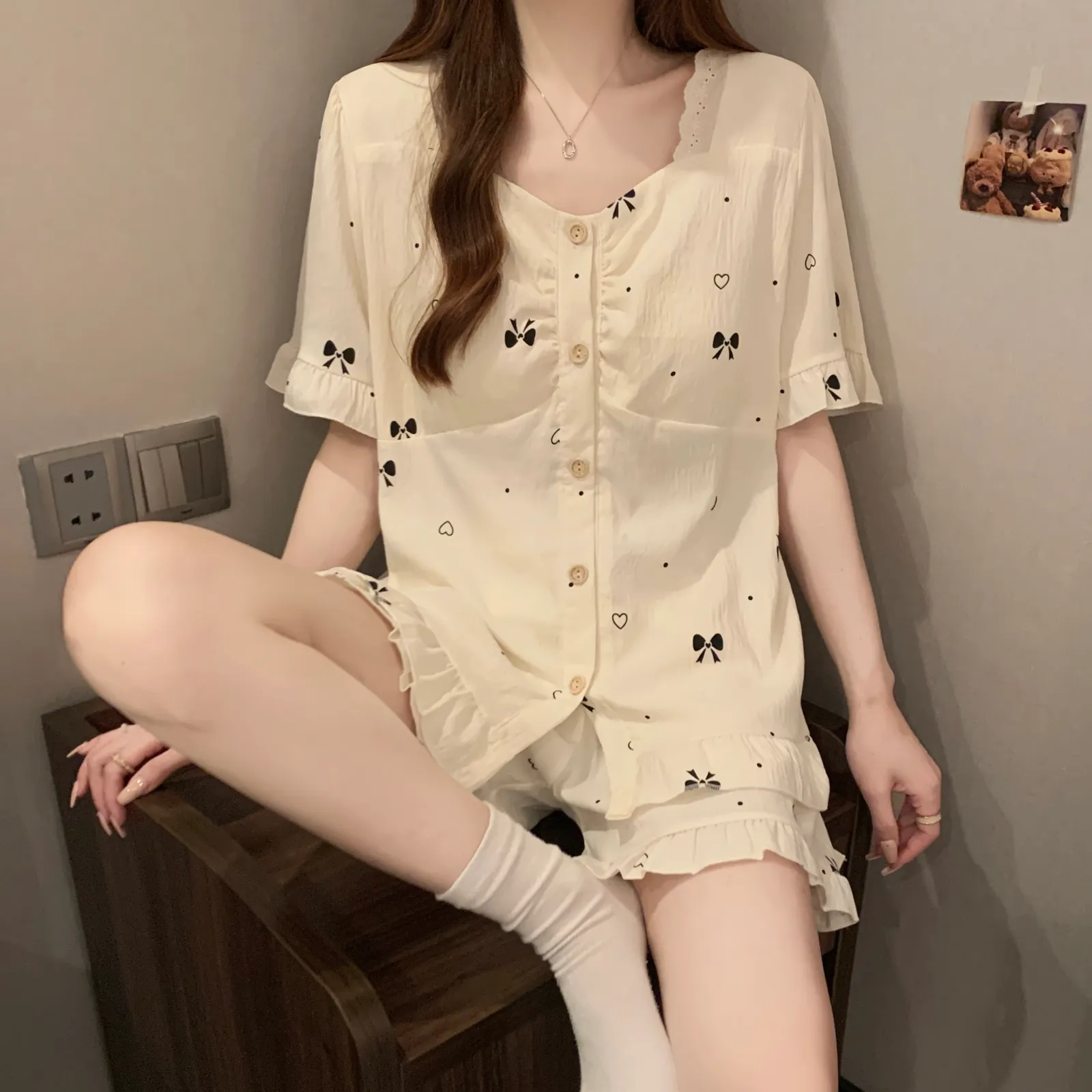 Cloud Cotton with Detachable Chest Pads Summer Pajamas Women Short Sleeve Cute Sweet Loungewear Set · Wholesale · OEM · Worldwide Shipping - View 3