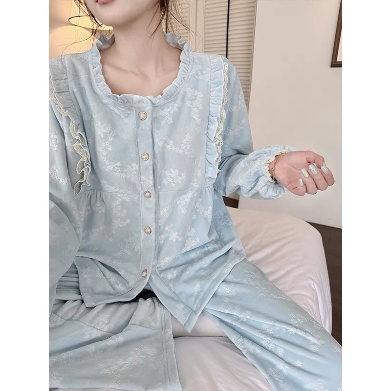 320 gram Velvet Bayberry Musim Dingin Coral Fleece Piyama Wanita Cardigan Kancing Bisa Dipakai di Luar Set Pakaian Rumah · Grosir · OEM · Pengiriman Global - Detail 10