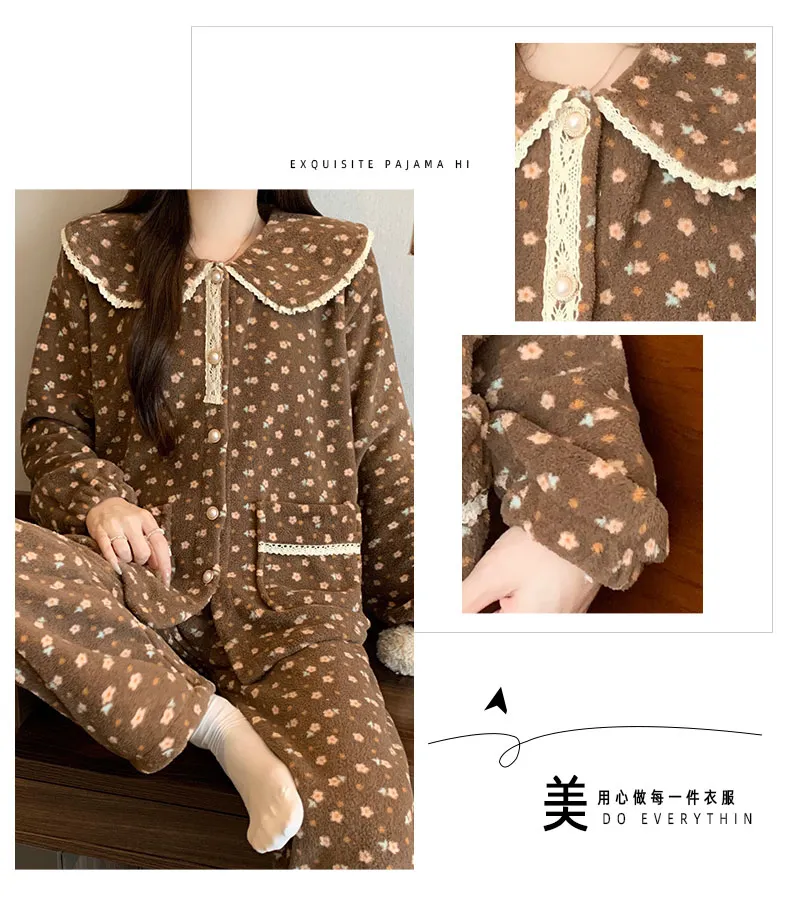320 gram Velvet Bayberry Musim Dingin Coral Fleece Piyama Wanita Cardigan Kancing Bisa Dipakai di Luar Set Pakaian Rumah · Grosir · OEM · Pengiriman Global - Detail 14