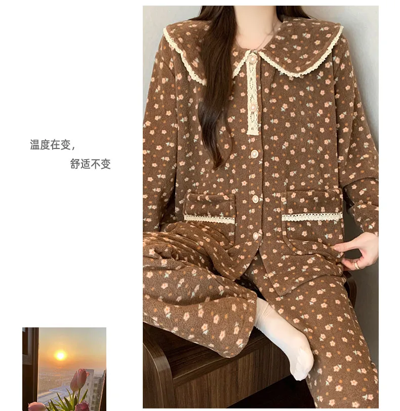 320 gram Velvet Bayberry Musim Dingin Coral Fleece Piyama Wanita Cardigan Kancing Bisa Dipakai di Luar Set Pakaian Rumah · Grosir · OEM · Pengiriman Global - Detail 18