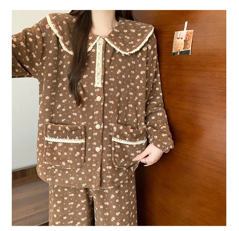 320 gram Velvet Bayberry Musim Dingin Coral Fleece Piyama Wanita Cardigan Kancing Bisa Dipakai di Luar Set Pakaian Rumah · Grosir · OEM · Pengiriman Global - Detail 17