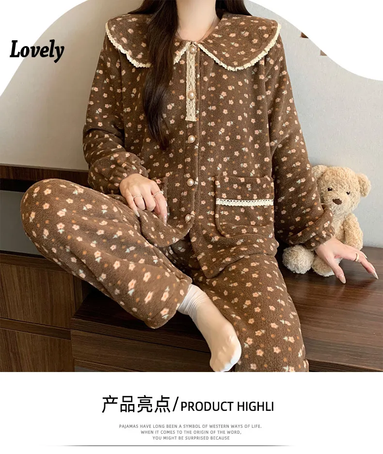 320 gram Velvet Bayberry Musim Dingin Coral Fleece Piyama Wanita Cardigan Kancing Bisa Dipakai di Luar Set Pakaian Rumah · Grosir · OEM · Pengiriman Global - Detail 13