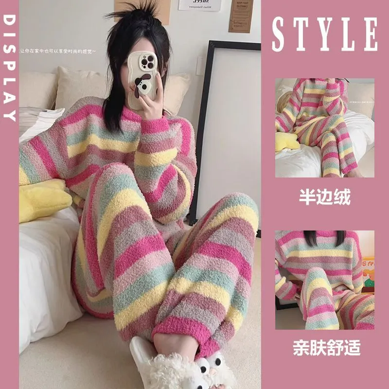 Soft and Fluffy Beibei Fleece Pajamas Women Winter Half-Side Fleece Loose Plus Size Embroidered Loungewear Set · Wholesale · OEM · Worldwide Shipping