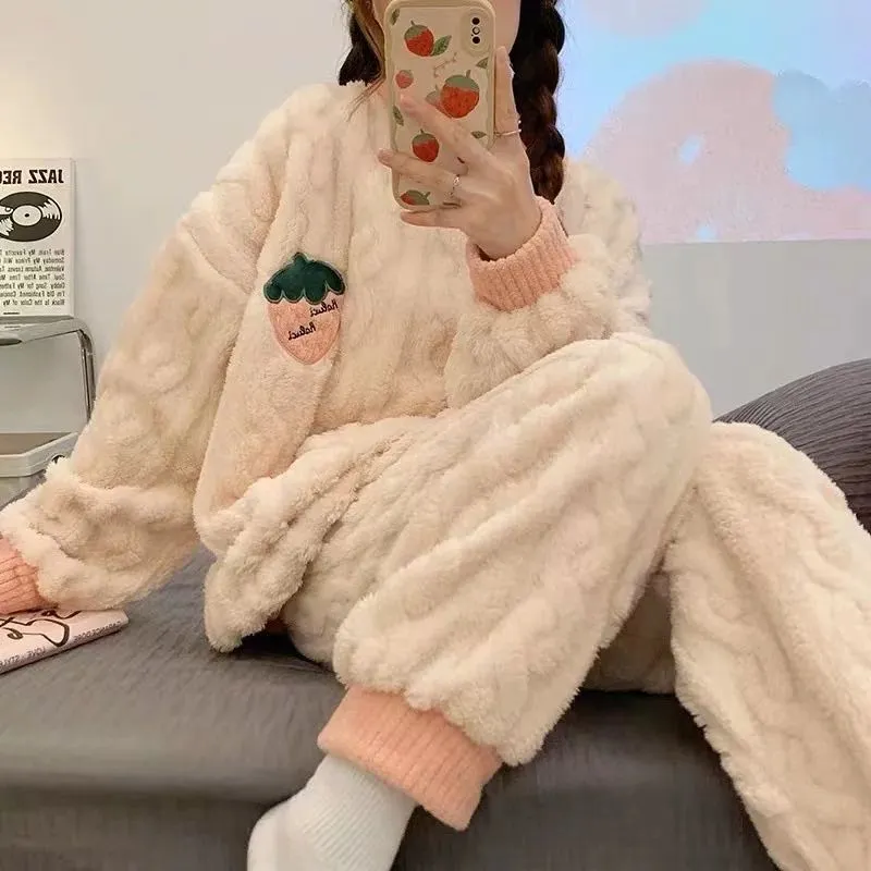 칼 220g 자카드 플리스 카툰 자수 파자마 여성 가을 겨울 따뜻한 외출 가능 홈웨어 세트 · 도매 · OEM · 전 세계 배송 - Detail 21