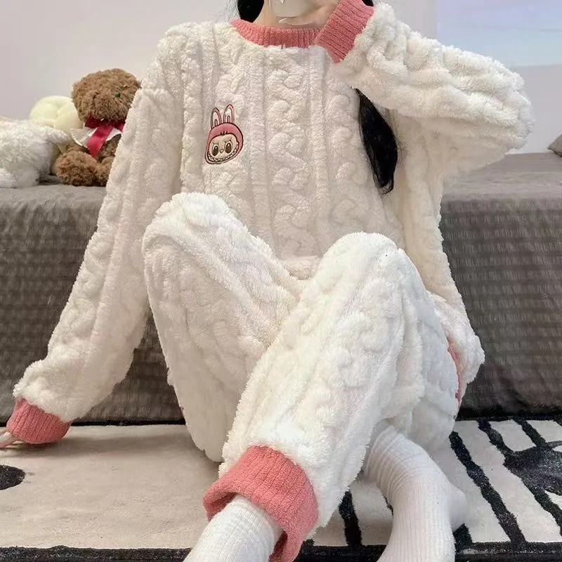 Pajamas Women Autumn Winter 220g Jacquard Fleece Cartoon Embroidery Warm Cute Student Wearable Outside Loungewear Set · Wholesale · OEM · Worldwide Shipping