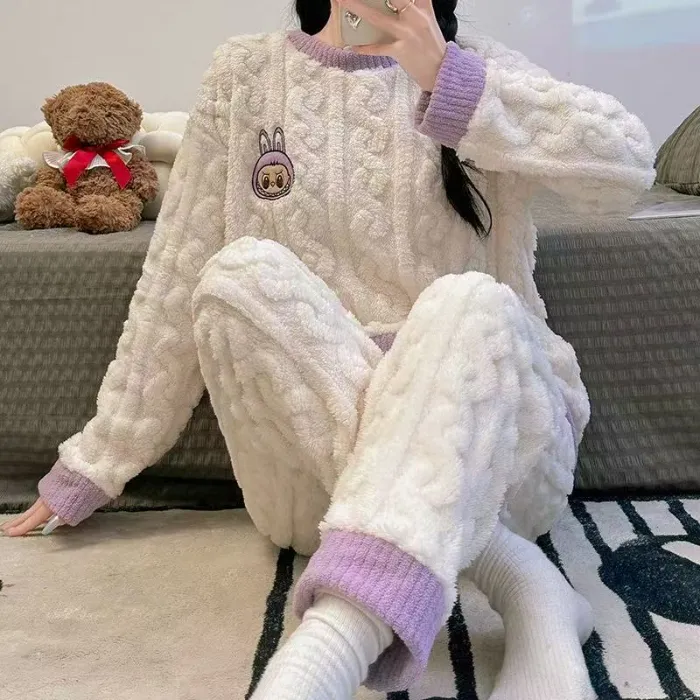 パジャマ レディース秋冬220gジャカードフリース カートゥーン刺繍 暖かい可愛い学生 外着可能部屋着セット · 卸売 · OEM · 世界へ発送 - Detail 5